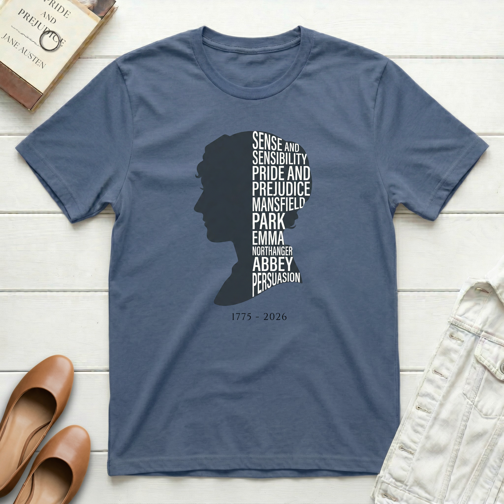 Jane Austen Silhouette with Books T-Shirt