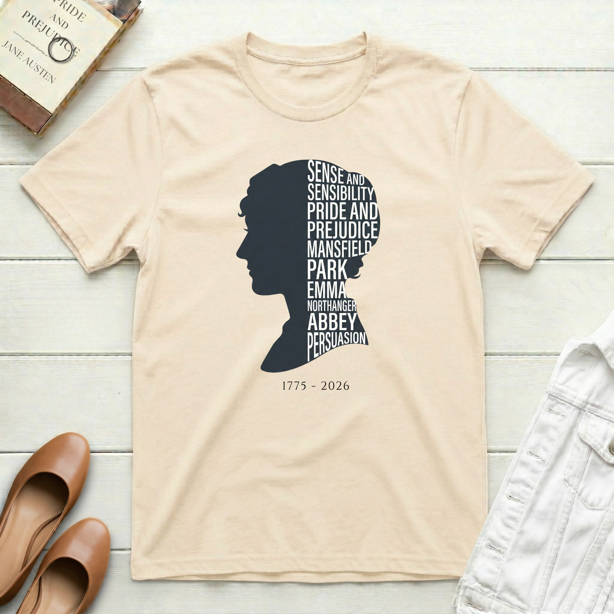 Jane Austen Silhouette with Books T-Shirt