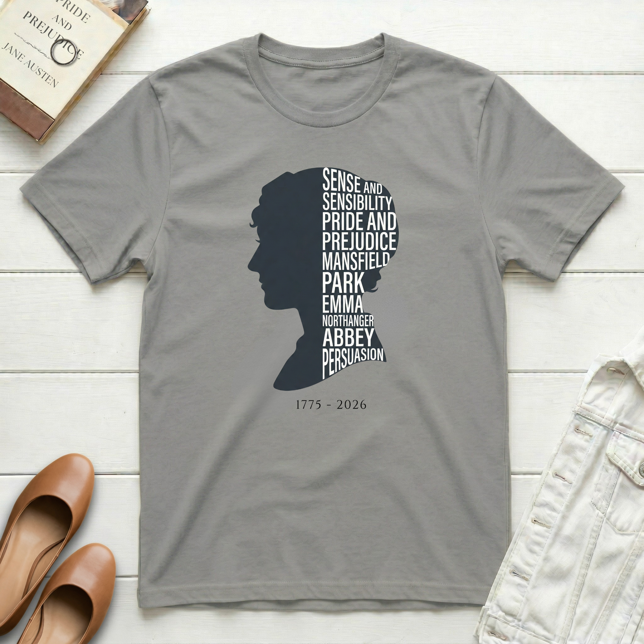 Jane Austen Silhouette with Books T-Shirt