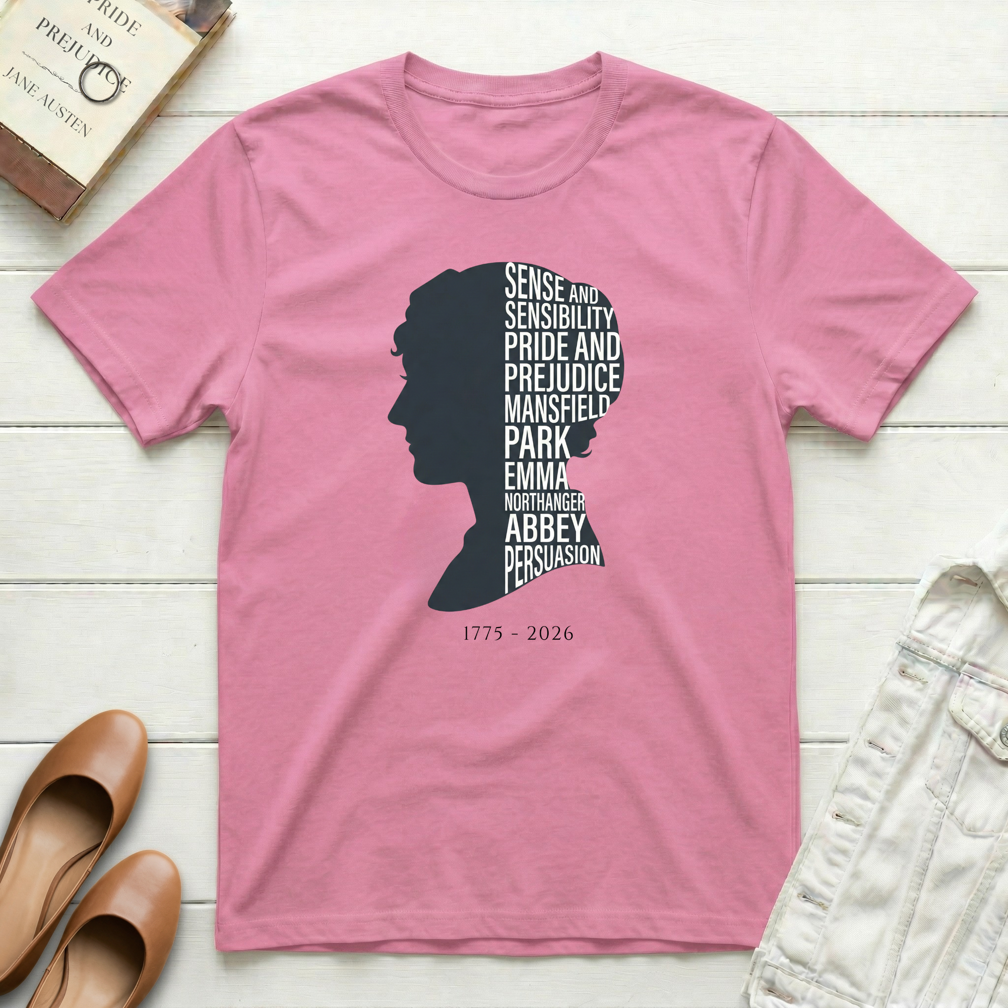 Jane Austen Silhouette with Books T-Shirt