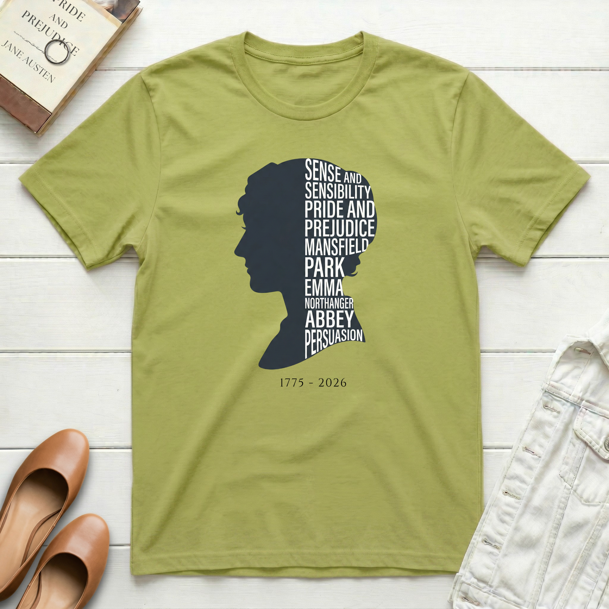 Jane Austen Silhouette with Books T-Shirt