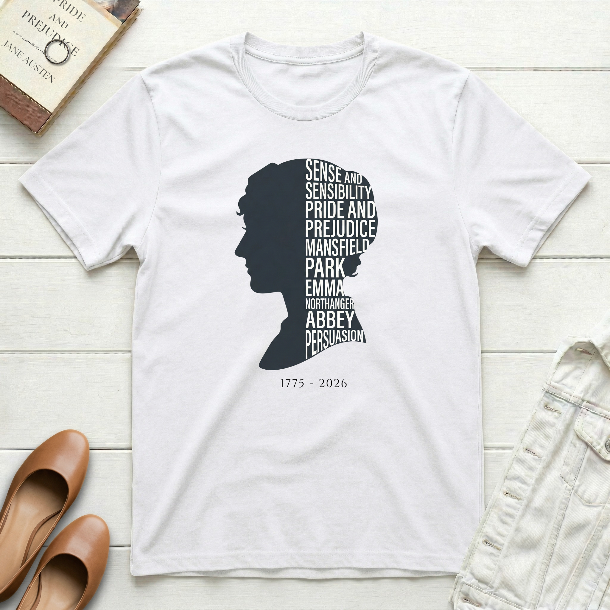 Jane Austen Silhouette with Books T-Shirt